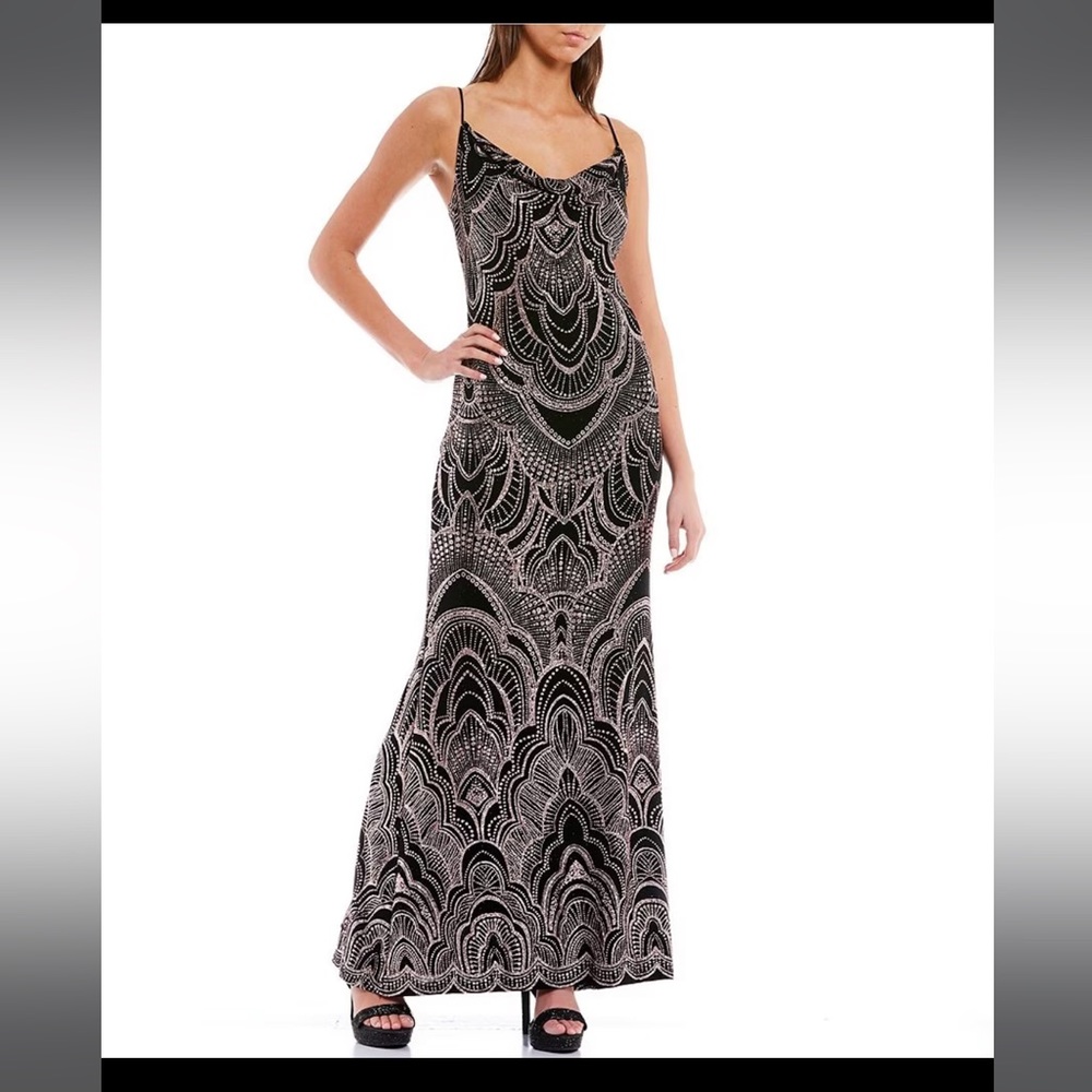 Jump Spaghetti Strap Cowl Neck Glitter Accented Long Dress